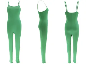 Professional three-way view of green ribbed spaghetti strap backless jumpsuit romper.