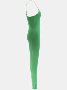 Side profile of a sexy green ribbed backless jumpsuit with slim spaghetti straps