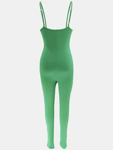 Close-up of green ribbed knit unitard jumpsuit with thin spaghetti straps