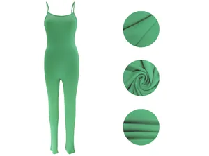 Green ribbed unitard jumpsuit with detail views of the stretchy fabric texture