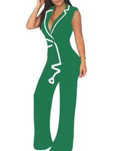 Eleganter ärmelloser grüner Jumpsuit mit V-Ausschnitt und weißen Kontrastpaspeln