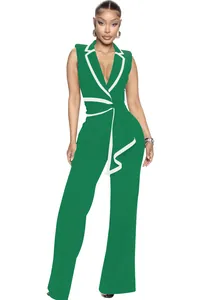 Eleganter grüner ärmelloser Jumpsuit mit V-Ausschnitt, weißem Besatz und weitem Bein