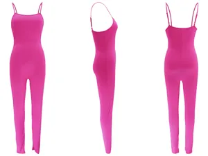 Pink spaghetti strap backless long jumpsuit shown in front, side, and back views