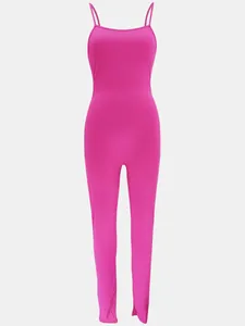 Pink ribbed spaghetti strap bodycon jumpsuit with slim fit long pants design