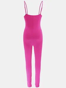 Macro view of fuchsia ribbed spaghetti strap jumpsuit back detail
