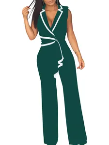 Eleganter dunkelgrüner ärmelloser Jumpsuit mit V-Ausschnitt und weitem Beindesign