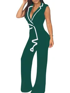 Eleganter dunkelgrüner ärmelloser Jumpsuit mit V-Ausschnitt und weißen Paspeln