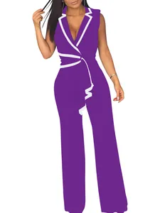 Eleganter violetter ärmelloser Jumpsuit mit V-Ausschnitt, weißem Besatz und weitem Bein