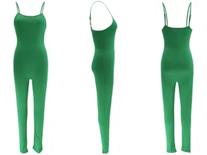 Detailed three-view composite showing front, side and back of a green ribbed slim jumpsuit