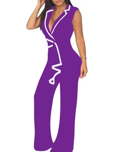 Eleganter ärmelloser V-Ausschnitt-Jumpsuit in Lila mit weißen Kontrastpaspeln und weitem Bein