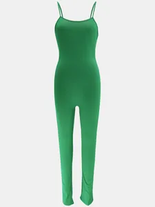 Front view of a vibrant green spaghetti strap bodycon jumpsuit in ribbed knit fabric