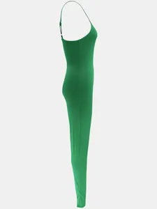 Side detail of a sexy green ribbed backless bodycon jumpsuit with spaghetti straps