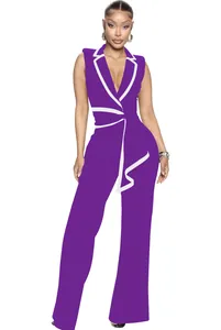 Eleganter lila ärmelloser Jumpsuit mit V-Ausschnitt, weißer Paspelierung und weitem Bein