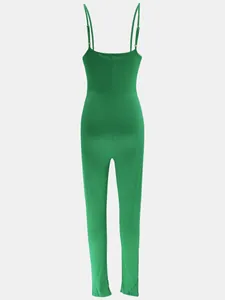 Detailed back view of a green ribbed knit jumpsuit featuring thin spaghetti straps.
