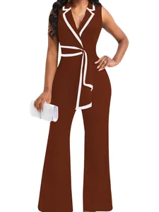 Eleganter ärmelloser V-Ausschnitt Jumpsuit in Braun mit weißer Paspelierung und weitem Bein