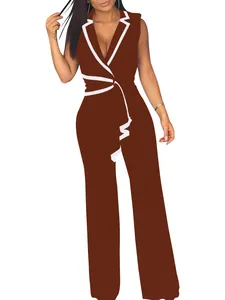 Eleganter brauner ärmelloser Jumpsuit mit V-Ausschnitt, weißer Paspel und weitem Bein