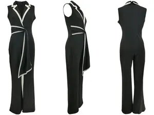 Mehrwinkelansicht des eleganten ärmellosen V-Ausschnitt-Jumpsuits mit weißem Besatz