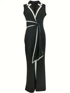 Eleganter ärmelloser Overall mit V-Ausschnitt und weitem Bein in Schwarz mit weißem Besatz