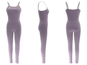 Comprehensive front side and back view of a mauve ribbed spaghetti strap slim fit jumpsuit