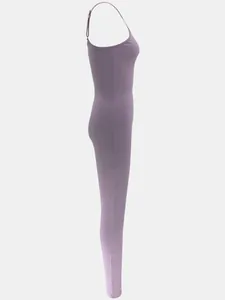 Detailed side view of a lavender ribbed backless long bodysuit jumpsuit for women