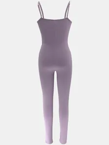Purple ribbed slim-fit backless bodysuit for women shown from the back on a mannequin.