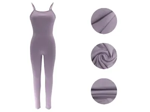Detail view showing the high-quality purple ribbed fabric of this sexy spaghetti strap jumpsuit