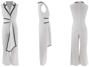 Eleganter weißer ärmelloser Overall mit schwarzem Saum und weitem Bein in mehreren Ansichten
