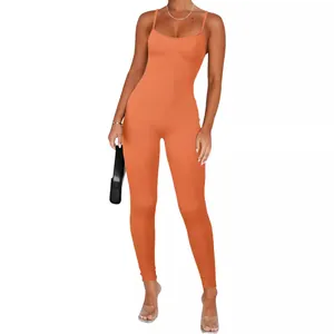 Stylish orange backless ribbed jumpsuit featuring sexy spaghetti straps for women's fashion