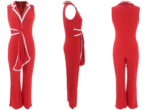 Detailansichten eines eleganten roten ärmellosen V-Ausschnitt-Overalls mit weißem Kontrast.