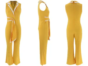 Ärmelloser gelber Mode-Jumpsuit mit weißem Rand, Vorder-, Seiten- und Rückansicht