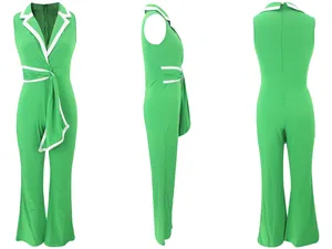 Detaillierte Ansichten eines eleganten grünen ärmellosen Jumpsuits mit V-Ausschnitt.