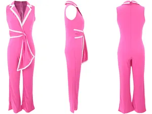 Eleganter rosa ärmelloser V-Ausschnitt Jumpsuit mit weitem Bein in verschiedenen Ansichten