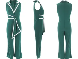 Professionelle Ansicht eines grünen ärmellosen Jumpsuits mit weißem Besatz und weitem Bein.