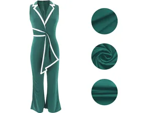 Detailansicht des dunkelgrünen ärmellosen V-Ausschnitt-Jumpsuits mit weißem Besatz.