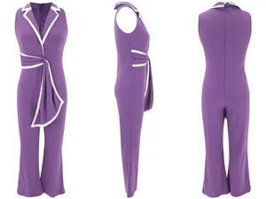 Detaillierte Vorder-, Seiten- und Rückansicht eines lila ärmellosen Damen-Jumpsuits