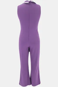 Rückansicht eines lila ärmellosen Jumpsuits mit weitem Bein und Reißverschluss-Detail.