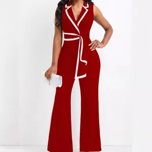 Combinaison élégante sans manches rouge foncé col en V et pantalon large chic
