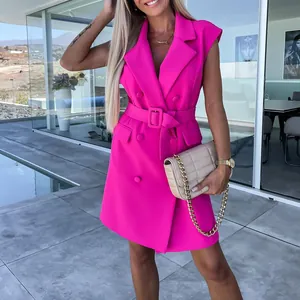 Premium fuchsia sleeveless blazer dress with double-breasted buttons and waist belt