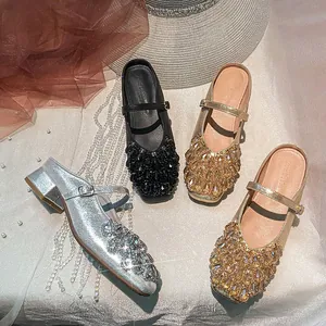 Women Korean Mary Jane Square Toe Block Heel Mules Sparkly Rhinestone Microfiber Slip On Mid Heel Party Dress Shoes