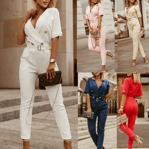 Damen Eleganter Anzugkragen Schmal Geschnittener Jumpsuit Mit Gürtel Doppelreihig Kurzarm Einfarbig Office Lady Langer Strampler