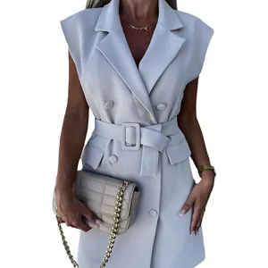Elegant beige sleeveless blazer dress with belt for professional office wear summer