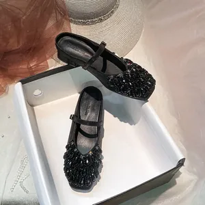 Elegant black square toe Mary Jane mules with luxury chunky rhinestone embellishments