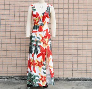 Tropical floral print sleeveless V-neck maxi dress with high side slits on mannequin