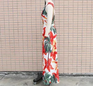 Side view of this tropical floral maxi dress with palm tree print two-piece set