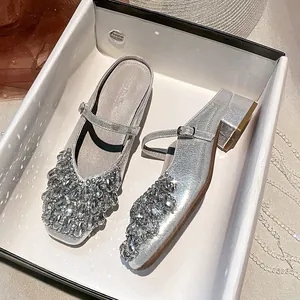 Luxury silver square toe Mary Jane mules with sparkling rhinestone embellishment