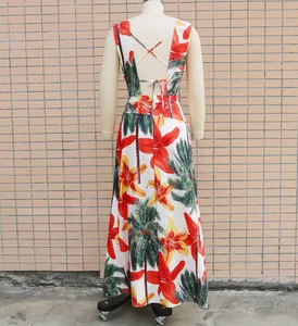 Back view of tropical floral print maxi dress with criss-cross back straps