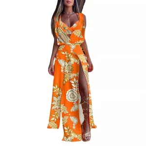 Elegant vibrant orange floral two-piece dress set with high slit for summer beach wear