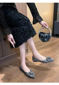 Elegant silver glitter pointed toe flats with flower detail for wedding bridesmaids