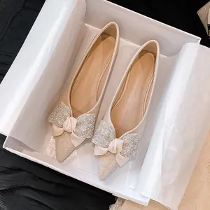 Damen Spitze Flache Schuhe Elegant Glitzer Strass Schleife Niedriger Absatz Pendeln Täglich Ballerinas Schwarz Aprikose Schuhe