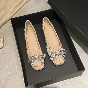 Elegant beige fairy style flat shoes with full rhinestone embellishment and bowknot